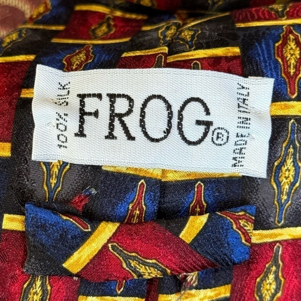 Vintage FROG Silk Tie Made in Italy | Geometric Print Red Blue Gold | 100% Silk
